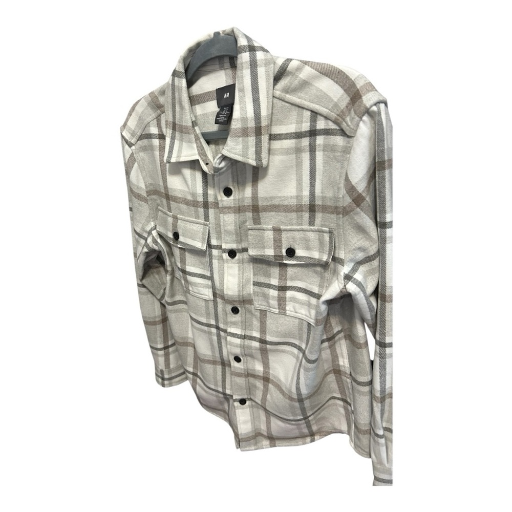 H&M Men's Checkered Shirt Jacket - Cream and Brown medium - Picture 4 of 6